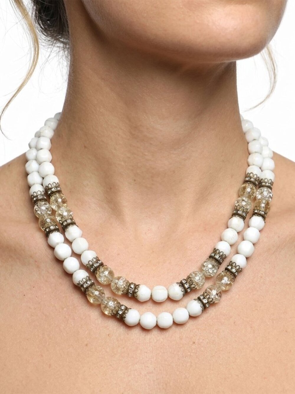 Vintage Hobé White Milk Glass Double Strand Beaded Rhinestone Necklace MCM Clasp